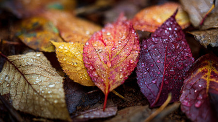 A stunning collection of vibrant autumn leaves with raindrops resting on the ground, showcasing nature's beauty in rich colors and textures for seasonal inspiration.の素材