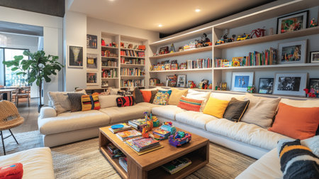 A family-friendly living room with a large sectional, a coffee table filled with books and toys, and shelves adorned with personal photos and mementos.の素材