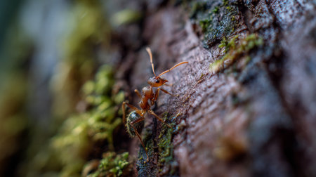 A stunning close-up of an ant navigating tree bark, highlighting nature's intricate designs in the wild. Perfect for showcasing the beauty of small creatures in ecosystems.の素材