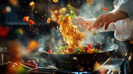 A dynamic image of a chef expertly tossing noodles in a hot wok, with vibrant vegetables flying in the air, capturing the energy and skill of cookingの素材