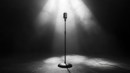 A dramatic stage view of a microphone stand in spotlight, symbolizing anticipation and the magic of live performances.の素材