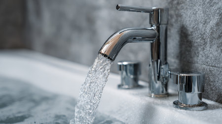 A sleek chrome faucet pours water into a luxurious spa bathtub, creating a relaxing ambiance perfect for home or commercial use, enhancing any bathroom's elegance.の素材