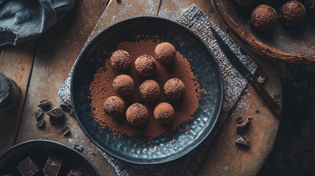 A creative overhead view of homemade chocolate truffles dusted with cocoa powder, arranged on a rustic table, showcasing artisanal craftsmanship.の素材