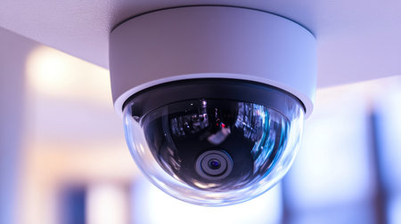 A detailed shot of a dome CCTV camera installed on a ceiling, capturing the sleek design and technology behind modern security systems.の素材