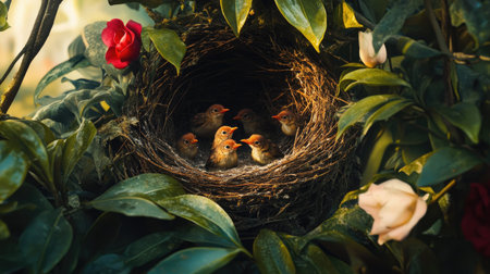 A dramatic image of a nest hidden in a garden, with curious baby birds stretching their wings, ready for their first flight into the worldの素材