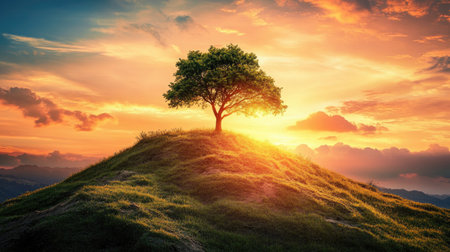 A dramatic image of a lone tree being planted on a hillside, with a breathtaking sunset in the background, symbolizing hope and renewalの素材