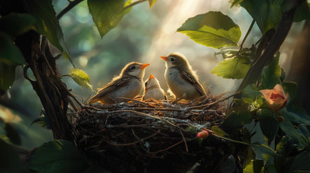 A dramatic image of a nest hidden in a garden, with curious baby birds stretching their wings, ready for their first flight into the worldの素材