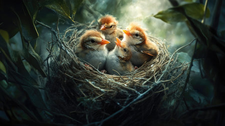A dramatic image of a nest hidden in a garden, with curious baby birds stretching their wings, ready for their first flight into the worldの素材