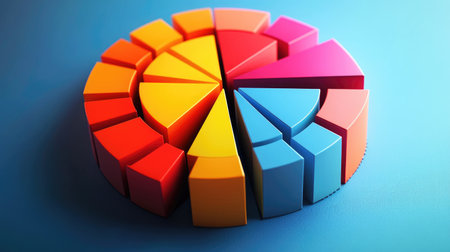 A creative representation of a 3D pie chart made from colorful blocks, symbolizing diverse data categories in a playful and engaging manner.の素材
