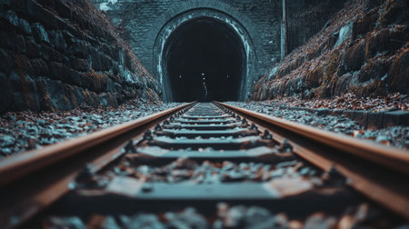 A dramatic shot of train tracks leading into a long, dark tunnel, highlighting the mystery and anticipation of underground travel.の素材