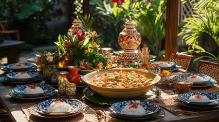 A festive outdoor dining setup featuring tom yum goong as the centerpiece, with colorful dishes and decorations, perfect for a Thai celebrationの素材