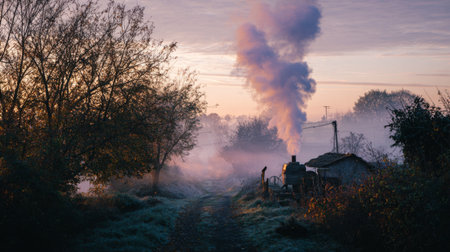 This serene rural scene captures a misty dawn with smoke rising from a cozy cabin, a frosty pathway, and trees enveloped in the stillness of nature.の素材