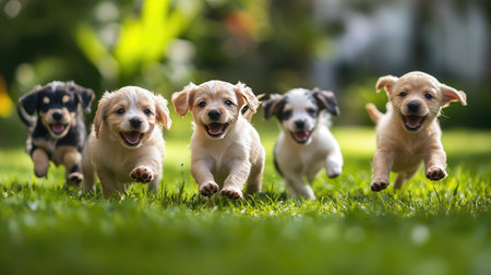 A group of energetic puppies playfully chasing each other in a lush green yard, illustrating the joy and camaraderie of playful dog interactions.の素材