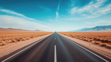 A long stretch of an empty highway, cutting through the desert landscape with a single car in the distance, symbolizing freedom and the adventure of a solo road trip.の素材