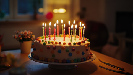 A festive scene with candles arranged on a birthday cake, ready to be lit, capturing the joy and celebration of a special occasionの素材