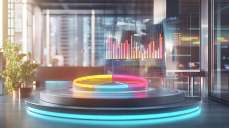 A futuristic 3D pie chart with data percentages hovering above each segment, illustrating financial growth, set against a modern office backdrop.の素材