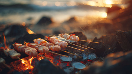 A vibrant scene featuring seafood skewers grilling over hot charcoal with soft ocean waves in the background, capturing the essence of a perfect beach barbecue sunset.の素材