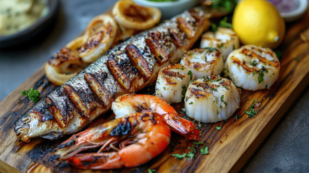 A grilled seafood platter with a mix of fish, prawns, and calamari, served with garlic butter and fresh herbs on a wooden board, creating a rustic coastal vibe.の素材