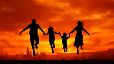 A heartwarming silhouette of a family running together against a stunning sunset backdrop, capturing the essence of joy, connection, and outdoor adventure.の素材