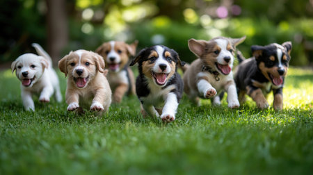A group of energetic puppies playfully chasing each other in a lush green yard, illustrating the joy and camaraderie of playful dog interactions.の素材