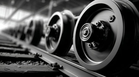 This black and white photograph captures a close-up view of train wheels on railway tracks, highlighting intricate textures and the industrial design of transportation machinery.の素材