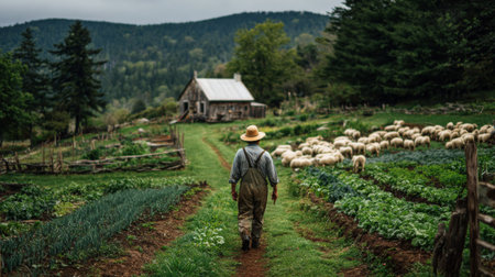A serene image of a farmer strolling through a vibrant field, surrounded by livestock and lush crops, embodying the harmony of rural life and sustainable farming practices.の素材