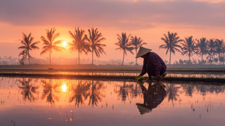 A serene scene of a farmer tending to rice fields at sunrise, showcasing water reflections and palm trees in a tranquil tropical landscape, embodying rural beauty.の素材