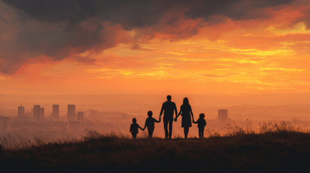 A heartwarming silhouette of a family at sunset, capturing a moment of connection and love against a backdrop of a stunning urban landscape and dramatic clouds.の素材