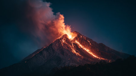 A stunning view of an erupting volcano at night captures the dynamic flow of lava and swirling ash under a mesmerizing twilight sky. Nature's raw power revealed.の素材