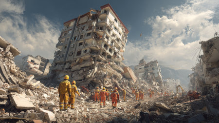 A dramatic scene showcasing rescue teams in protective gear navigating the rubble after a devastating earthquake, highlighting the urgency and human spirit in crisis.の素材