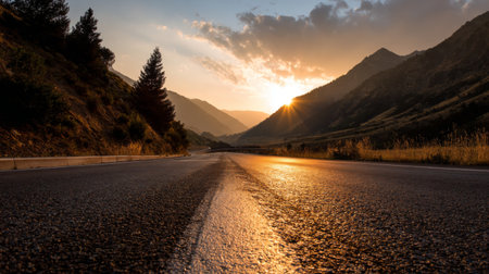 A stunning capture of a peaceful mountain road at sunset, showcasing a harmonious blend of golden light and dramatic skies, perfect for travel or nature themes.の素材