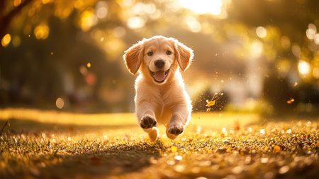 A joyful golden retriever puppy bounding through a sunlit park, ears flopping and tail wagging, capturing the pure happiness of playful moments.の素材