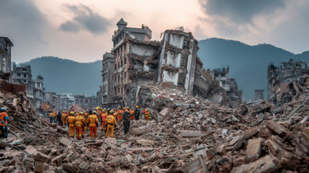 A powerful image capturing emergency responders navigating through the rubble of a disaster-struck urban landscape, emphasizing the urgency of rescue efforts after an earthquake.の素材