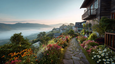 A breathtaking morning scene featuring a stone pathway adorned with vibrant flowers, leading to a charming village nestled in the mountains, enveloped in mist.の素材