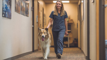 A veterinarian walks confidently with a friendly collie in a bright corridor of a veterinary clinic, promoting a warm and caring atmosphere for animal healthcare.の素材