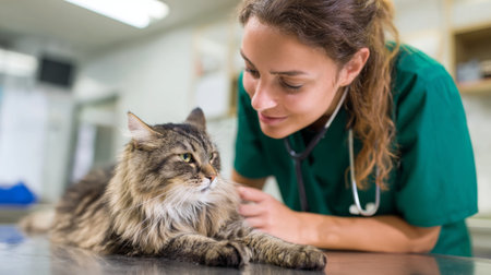 A dedicated veterinarian examines a calm indoor cat in a well-lit veterinary clinic, showcasing a gentle and caring approach to animal health and well-being.の素材