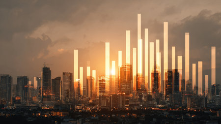 A stunning urban skyline captures a sunset with abstract light bars towering over the city, symbolizing growth and modern life in a vibrant metropolis.の素材