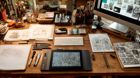 A vibrant creative workspace featuring a digital tablet, sketchbooks, and art supplies arranged neatly with a computer displaying illustrations, perfect for artists.の素材