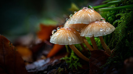 This close-up photo captures elegant mushrooms adorned with water droplets, set against lush moss and fallen autumn leaves, creating a serene woodland scene.の素材