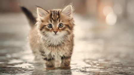 A charming fluffy kitten wades through shallow water, showcasing its playful spirit and curiosity. The focus on the kitten's enchanting eyes and soft fur adds to the delightful scene.の素材