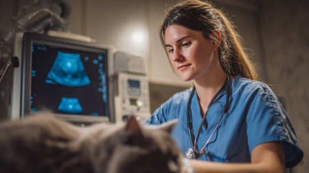 A skilled veterinarian attentively examines a cat in a veterinary clinic, utilizing ultrasound equipment, embodying compassion and expertise in animal healthcare.の素材