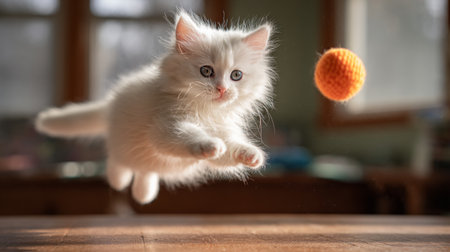 A charming white kitten leaps gracefully, its eyes fixed on a bright orange ball. The scene captures the essence of playful energy in a cozy indoor setting.の素材