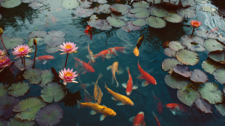 A stunning view of vibrant koi fish gracefully swimming among colorful water lilies and lush leaves, creating a tranquil atmosphere in a serene garden pond.の素材