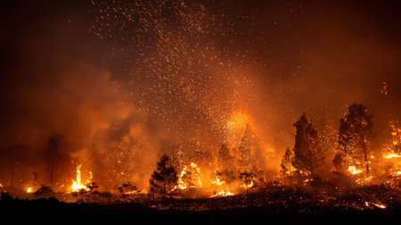 An intense wildfire engulfs a forest, with flames illuminating the dark sky and sparks dancing through the air, showcasing the powerful force of nature in turmoil.の素材