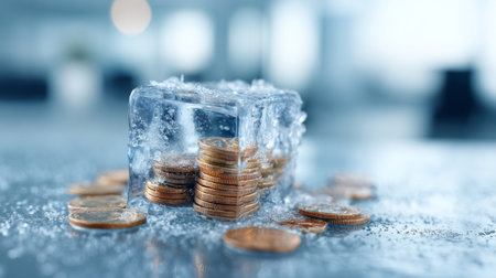 A captivating image showcasing coins encased in a block of ice, highlighting themes of investment, financial uncertainty, and economic challenges.の素材