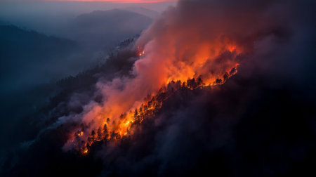 This dramatic aerial image showcases a wildfire spreading through forested hills at dusk, with thick smoke billowing and glowing embers illuminating the scene.の素材