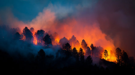 A stunning view of a raging wildfire consuming forest trees at dusk, with vibrant flames and thick smoke creating a breathtaking yet haunting landscape.の素材
