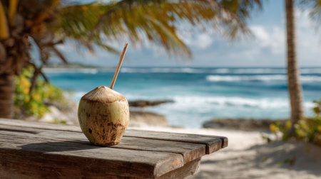 A fresh coconut drink rests on a wooden table, with a picturesque beach view featuring palm trees and gentle waves under a clear blue sky, inviting relaxation.の素材