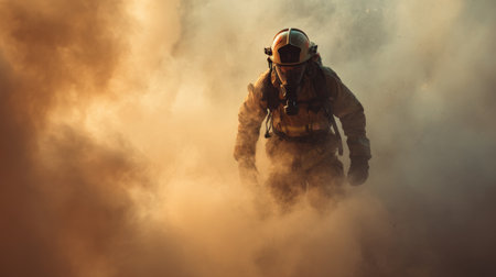 An intense image of a firefighter in protective gear stands amidst swirling smoke, embodying the essence of courage and determination while facing hazardous situations.の素材