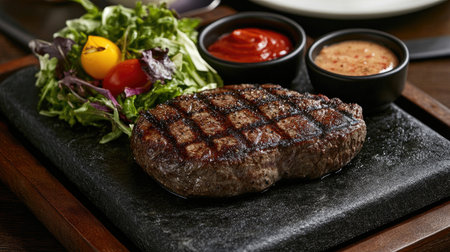 A mouthwatering steak served on a hot stone, surrounded by fresh salad and dipping sauces, showcasing a trendy dining experience.の素材